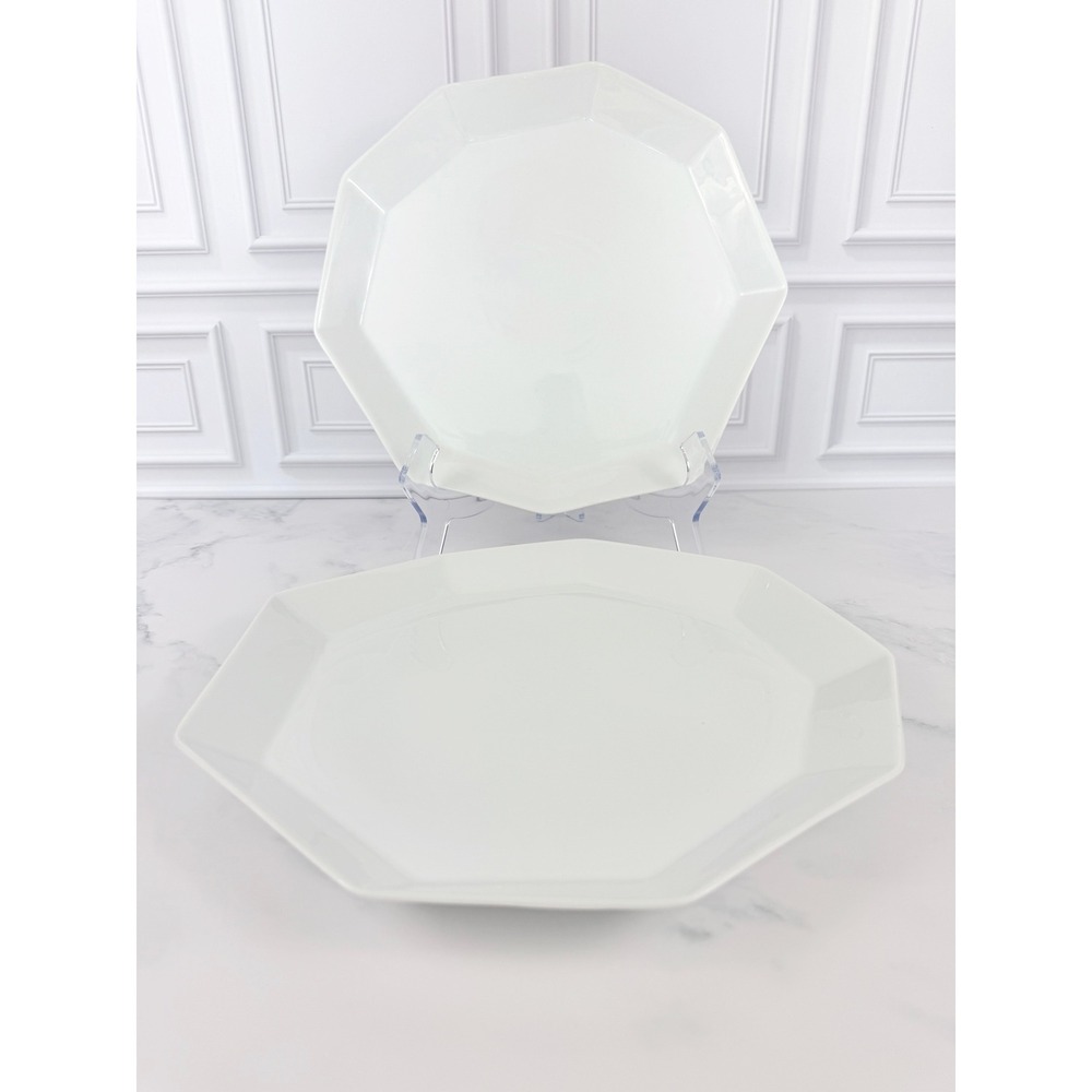 RARE! Pair (2) West Elm White Porcelain Nonagon Dinner Plates 10 3/4"